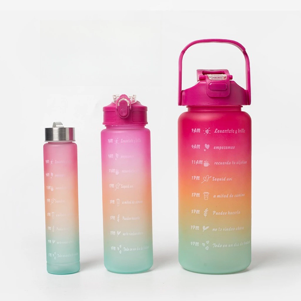 

BORGE Custom logo 2000ml 900ml 280ml 3 in 1 gym fitness plastic transparent time marker water bottle with straw