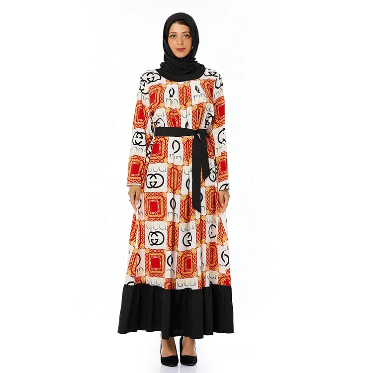 

new design for Muslim girls caftan with belt Lady Flower Dress Summer Women Maxi Dress Long Sleeve Floral Print Lady Dress