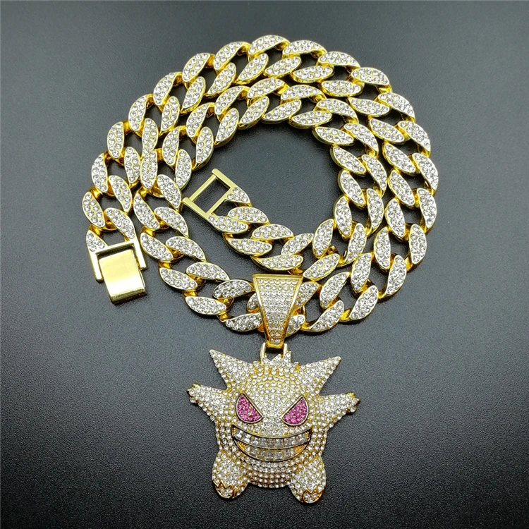 

European Punk Rap Jewelry Funny Hips Hops 15mm 18K Gold Plating Crystal Cuban Chain Gengar Pendant Necklace