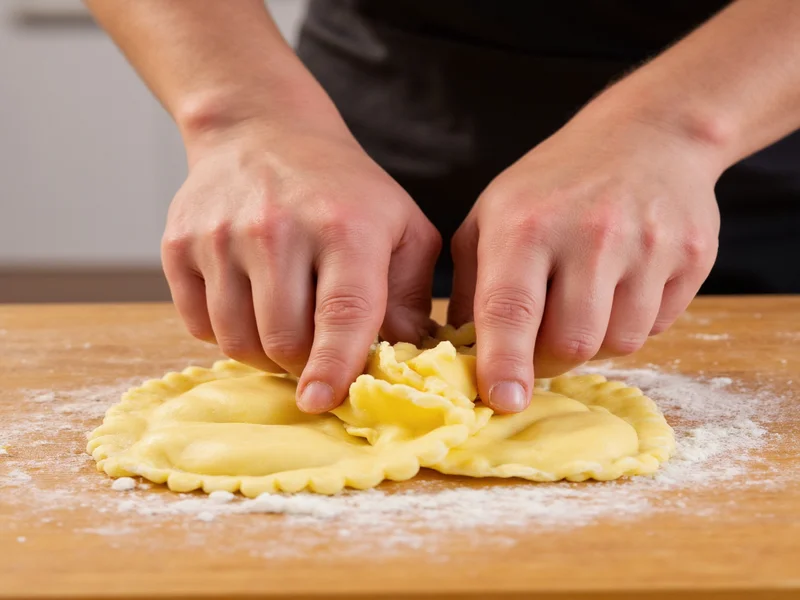 Hand-kneading smooth ravioli dough on wooden surface