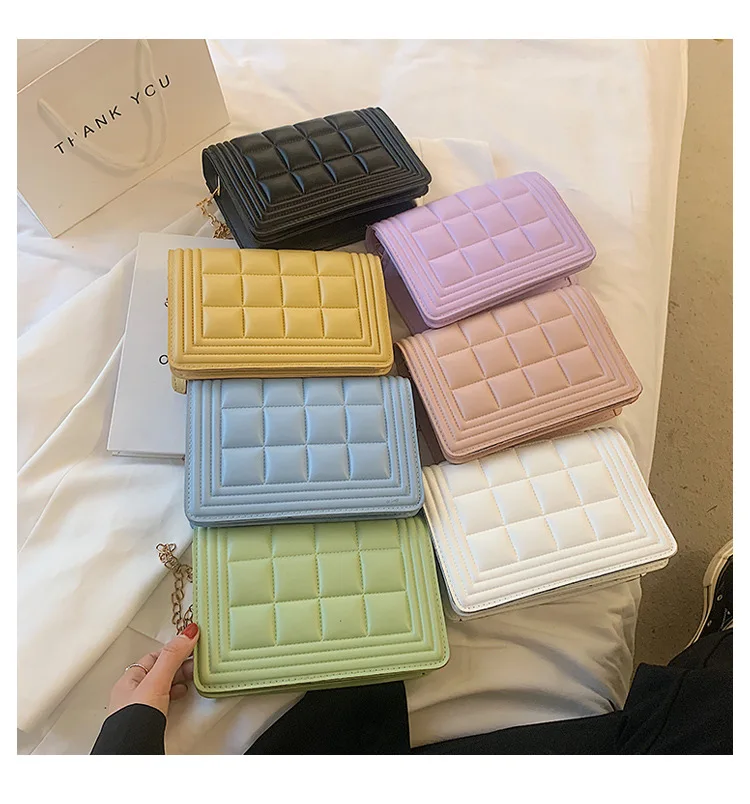 

L158 new style small pu leather ling plaid crossbody small square bags women candy color chain handbags ladies purse, White, yellow, purple, green, blue, black, pink, orange