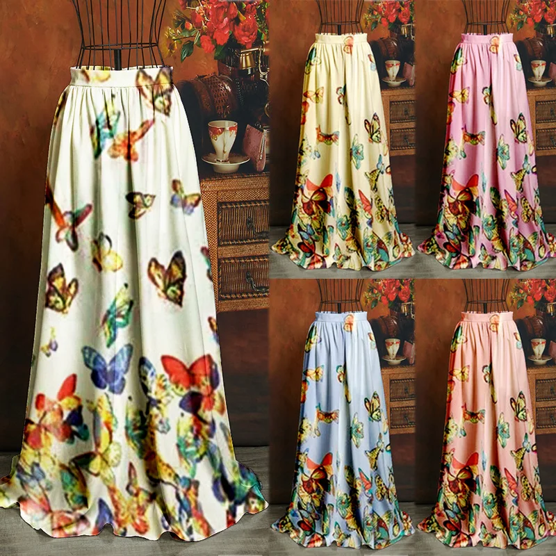 

Summer Flowery Butterfly Printed Girdle Dress Down long maxi pleated skirt womens