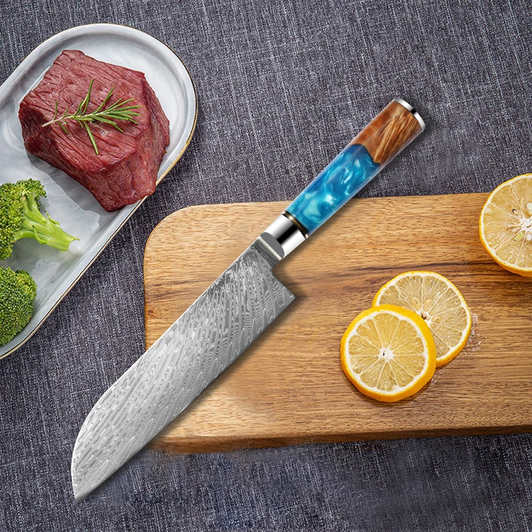 Blue Resin Handle 7inch Damascus Santoku Kitchen Knife Buy Damascus