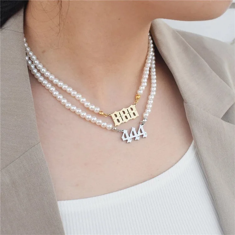 

Wholesale Custom Pearl Chain Link 000 111 222 333 444 555 666 777 888 999 18K Gold Plated Stainless Steel Angel Number Necklace, Gold, silver, rose gold, black