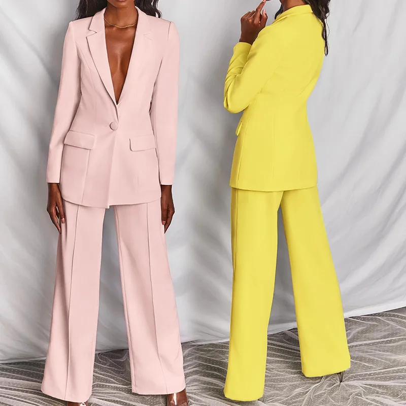 

Fashion Women Office Coats Blazer Yellow/Pink Elegant Ladies Celebrity Evening Runway Party Pants Suits