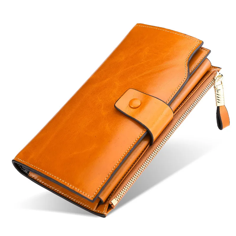 Fashion  Real Leather Women RFID Clutch Purse with Strap Long Handle Wallet