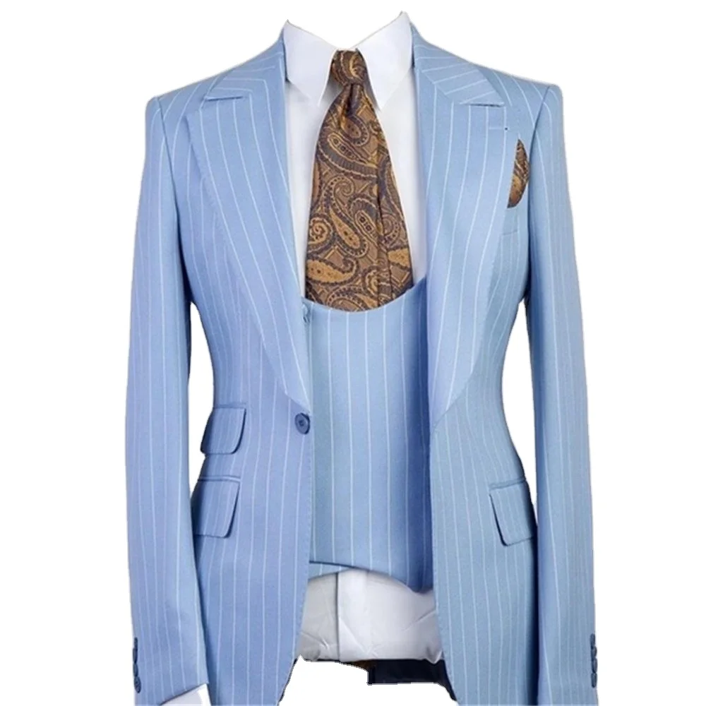 

Light Sky Blue Men Suits Stripe Design Jackets Blazer for Wedding Groom Tuxedos Set Vintage Retro 3 Piece Costume Homme, White linen as picture