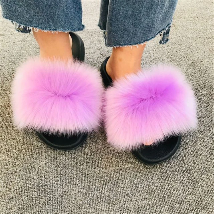 

Logo Custom High Quality Real Fox Fluffy Sandals Shoes 2021 Fashion Big Furry Fur Platform Slippers Purple Fur Slides For Women, As pictures or customized colors