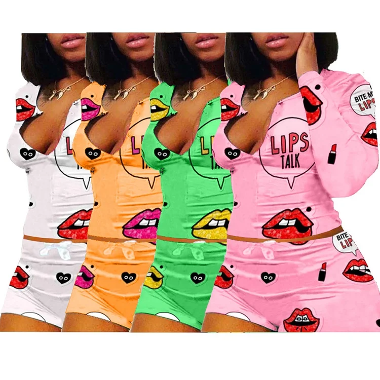 

9063 Lips Talk Pattern Long Sleeve 2 Piece Outfit Womens Plus Size Onesie Pajamas 3x Lips Onesie, 12 colors
