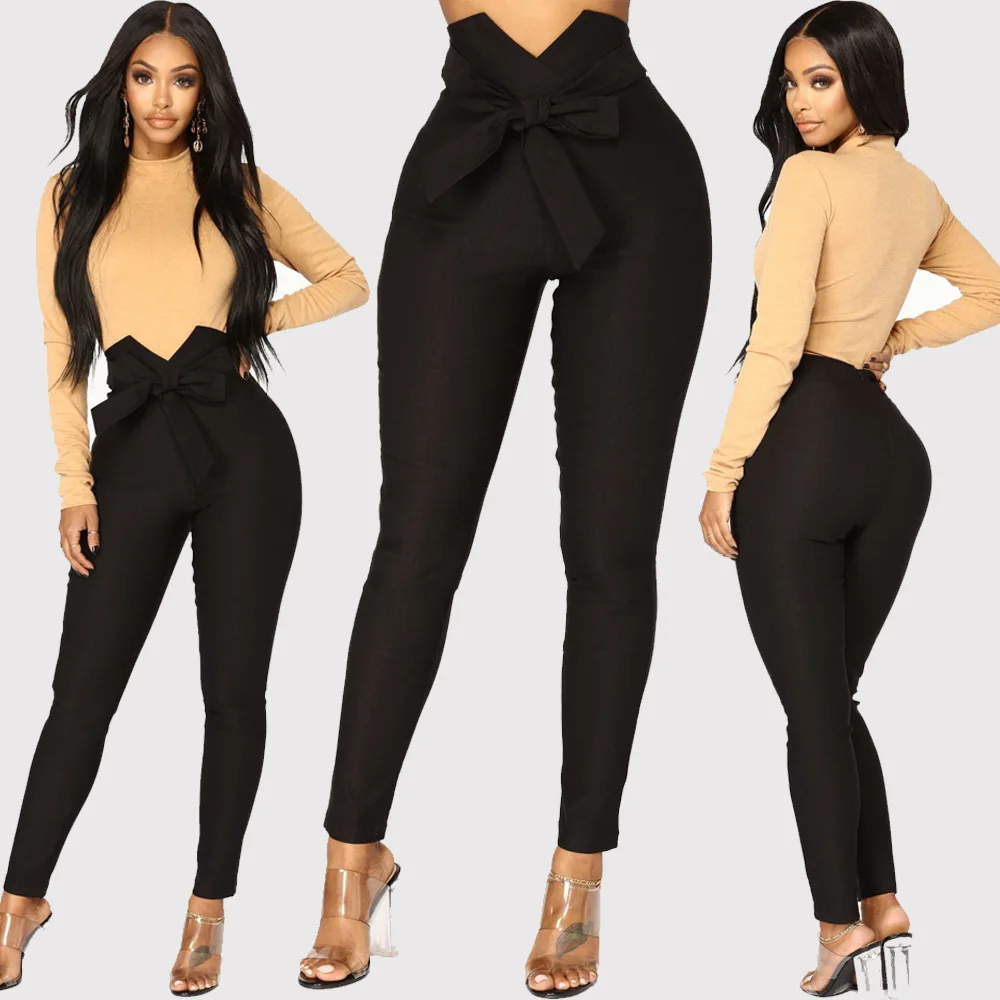 

Khaki Black 2021 Fashion Women Summer High Waist Pant Casual Bandage Elastic Long Pants Pencil Trousers Female Clothing