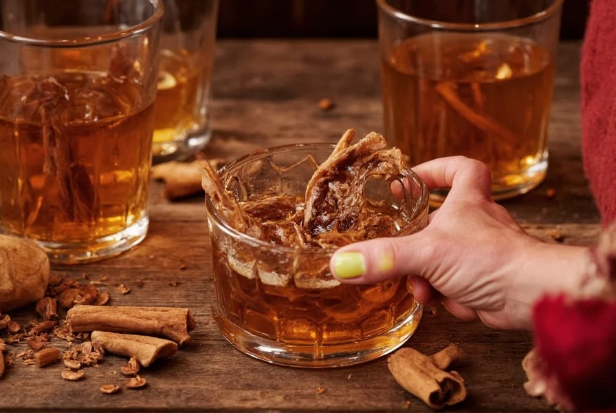 Step-by-step preparation of apple jack cinnamon cocktail with fresh apple slices and cinnamon sticks