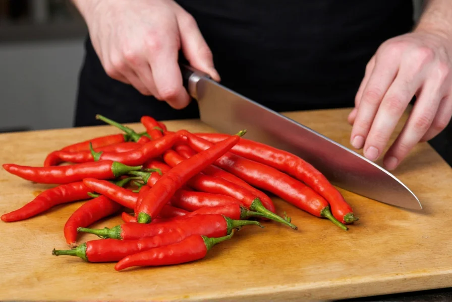 Chef preparing fresh chili peppers for cooking with knife and cutting board