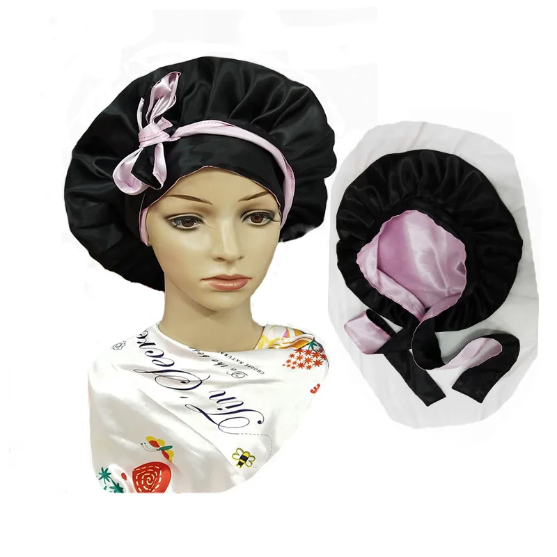 

Wholesale Curly Hair Night Sleep Hat with Tie Bands Colorful Satin Bonnets