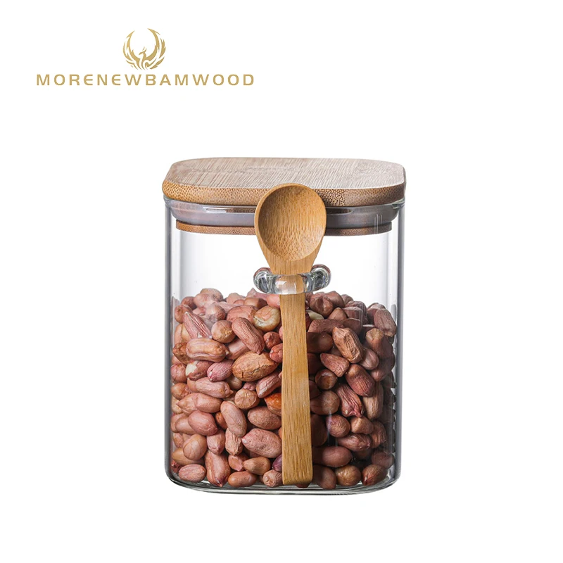 

Factory outlet food storage glass container with bamboo cover and spoon, glass jars