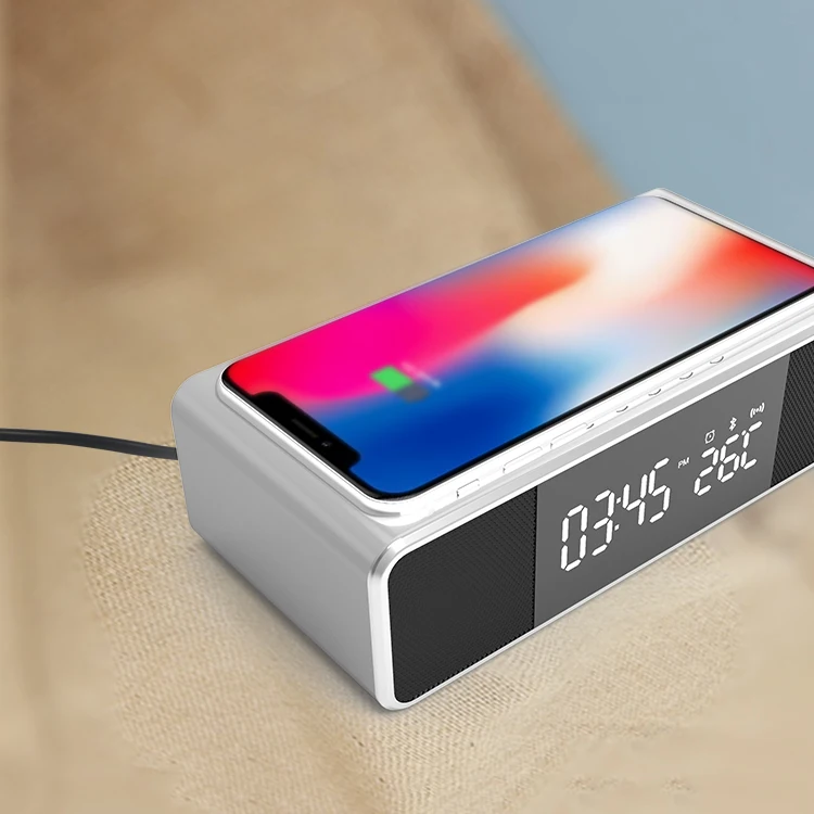 

HOnyME Custom Gift Promotion Mobile Phone Qi Wireless Charger Speaker Desktop LED Alarm Clock, Silver