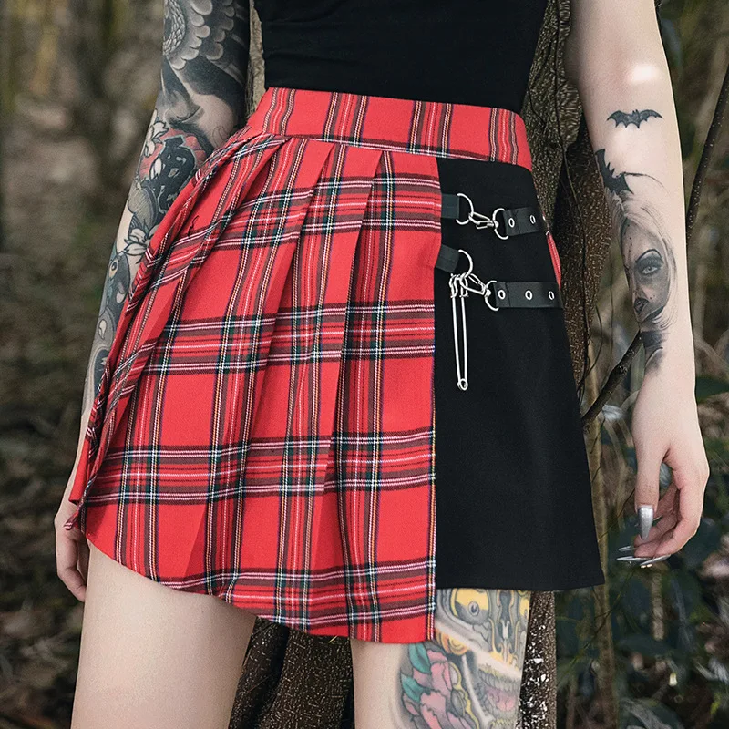 

women's High Waisted Irregular Gothic Punk Short Plaid Pleated Skirt