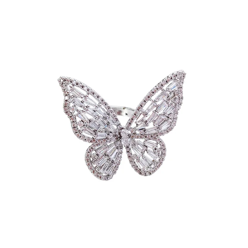 

New Design Fashion Opening Brass Inlaid Zircon Butterfly Ring Jewelry Luxury Shiny Finger Ring For Women Cocktail Party, Silver