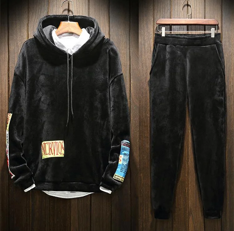 

Fashion Custom Patchwork LOGO Thick Velour Long Sleeve Casual Two-pieces Set Tracksuit With Hooded For Men