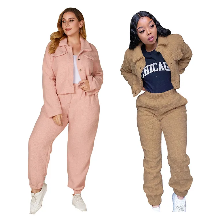 

EB-20121162 New Design Plain Color Faux Fur Jacket And Pants Thick Warm Plus Size Winter Women Two Piece Set, Picture