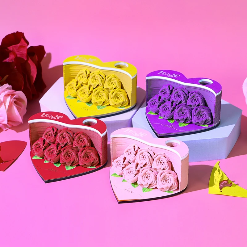 Valentine Day Gift Heart Shape Rose Flowers 3D Memo Pad Custom Sticky Note Pad Christmas Novelty Gift for Girlfriend Birthday