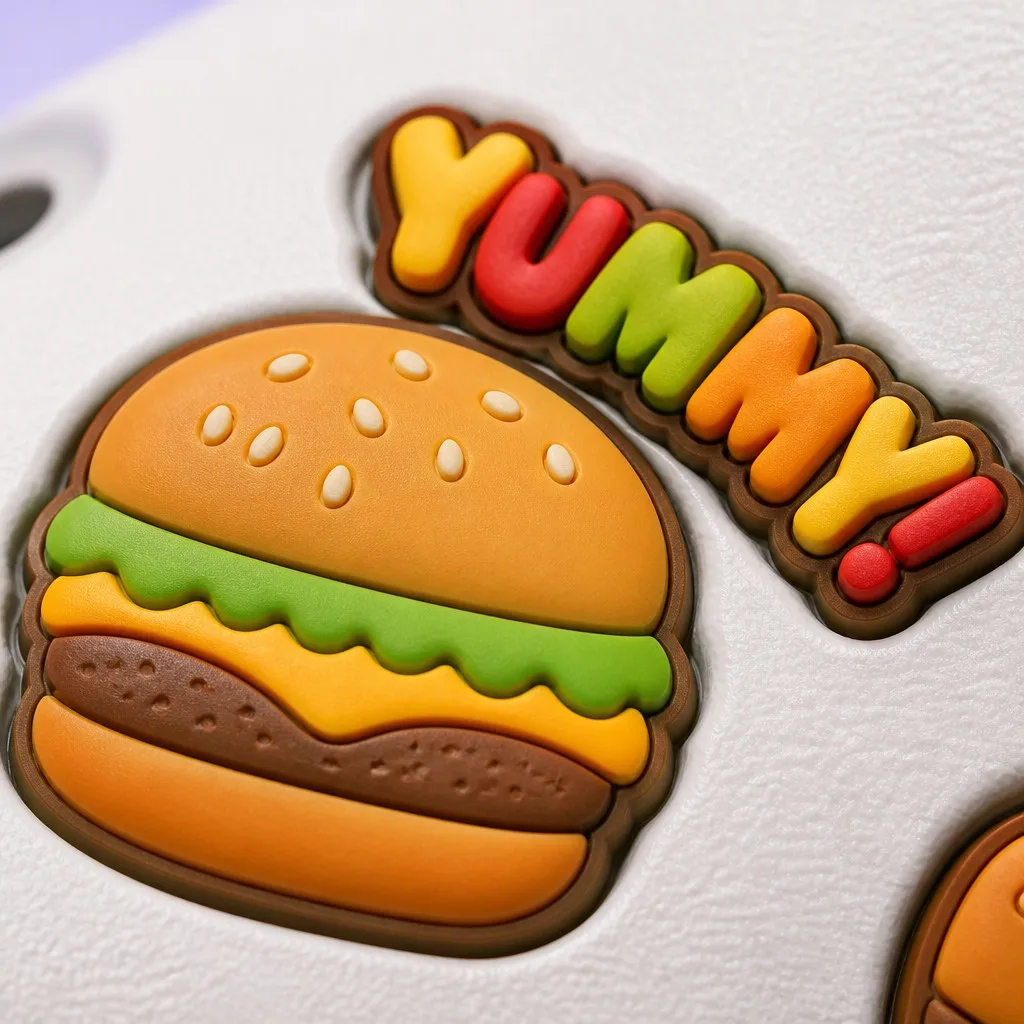 Macro view of a layered cheeseburger charm and dimensional YUMMY lettering in a clog hole