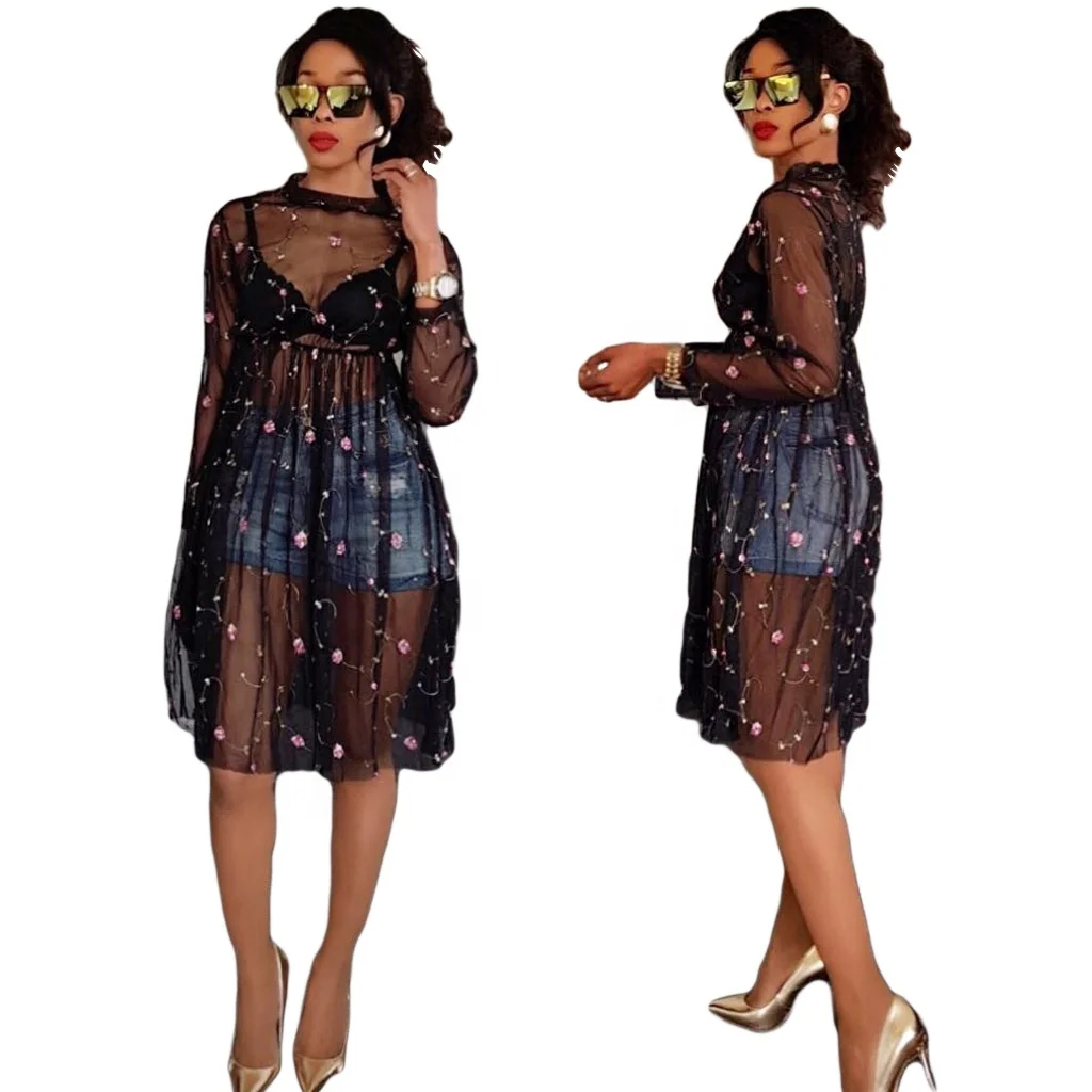 

JY033 long sleeve fashion tulle women sexy black dresses mesh dress women