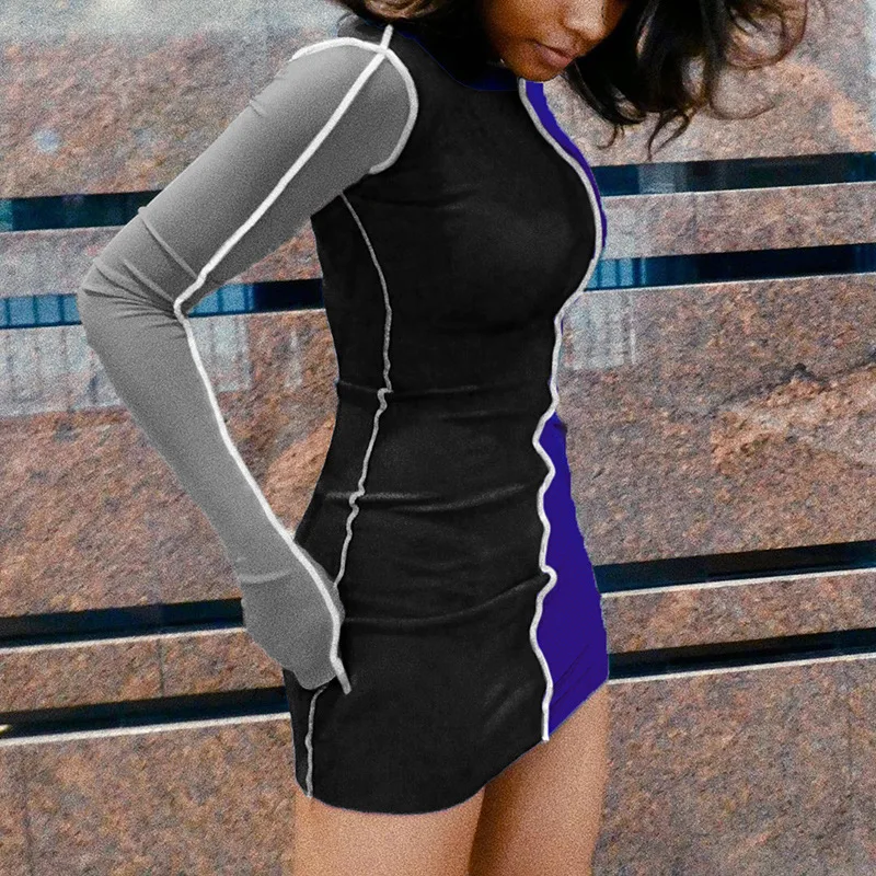 

women's Long sleeve color matching stitching sexy bag hip dress