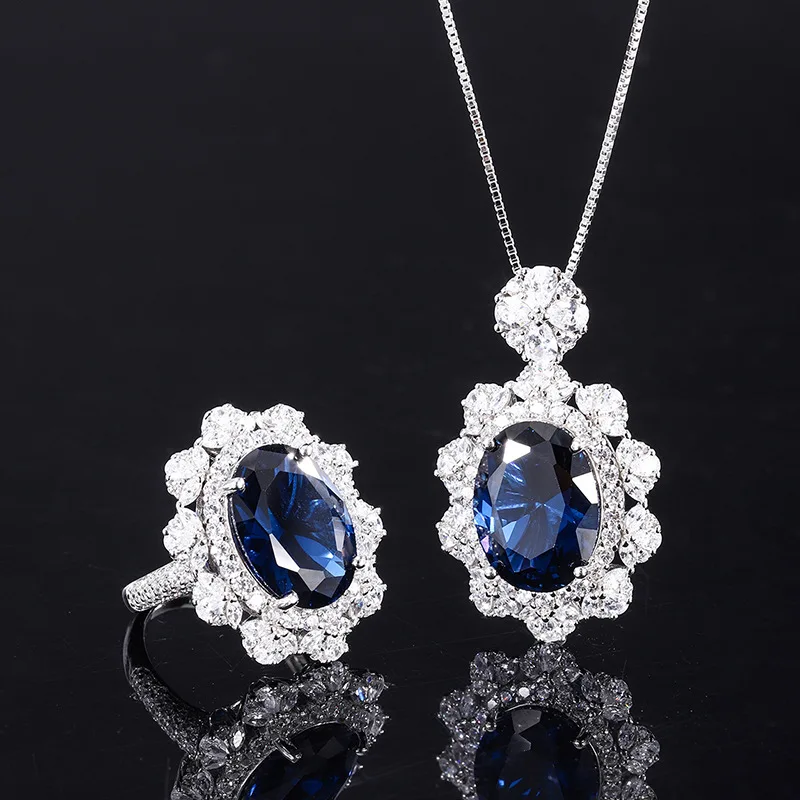 

S925 Whole Body Silver Douyin Hot Selling Simulation Tanzanite Sapphire Pendant Ring Set Big Dan Shaped Main Stone 12*16, Picture