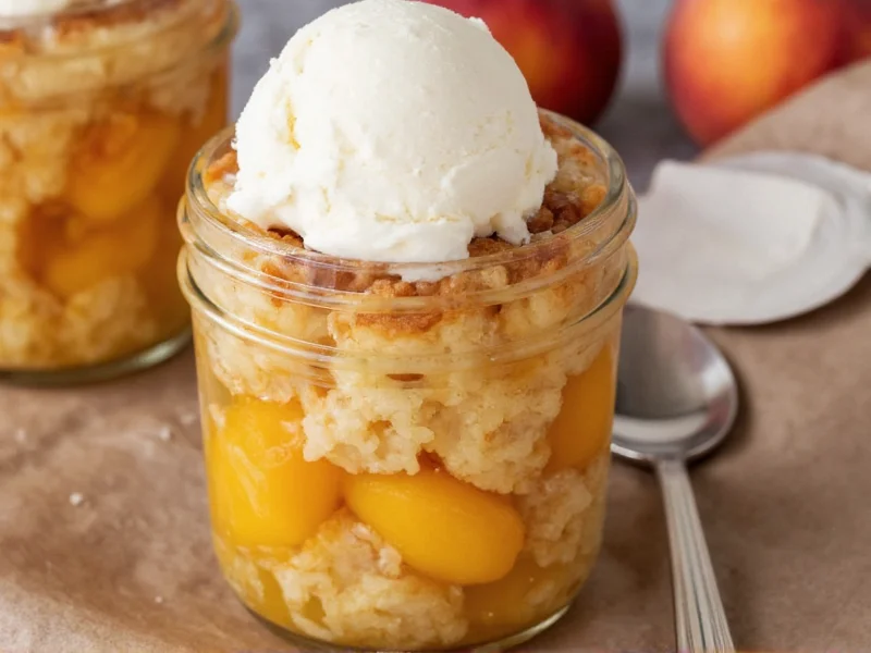 Peach cobbler served with vanilla ice cream in mason jar
