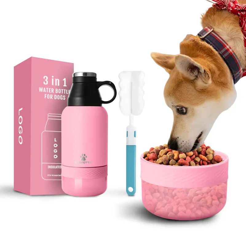 

Custom logo Pet water bottle 3 in 1 Stainless steel Dog Water Bottle with Plastic Dispenser Portable Dog Travel Bottle