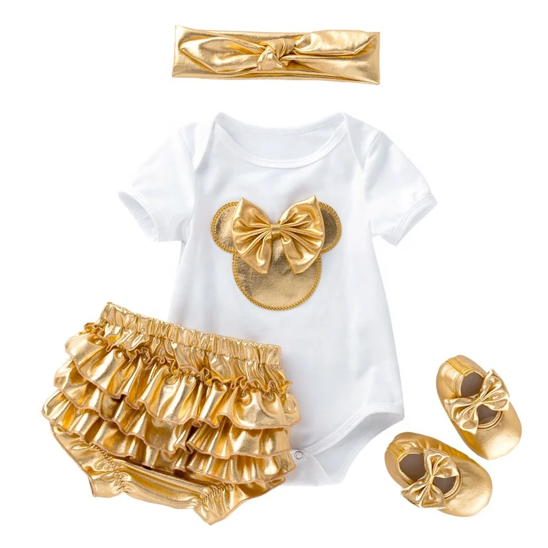 

gold color Newborn Baby Infant Toddlers Romper 4pcs Clothing Sets, Picture shows