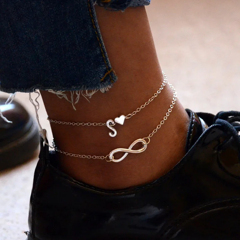 

2020 Creative Design Plated Letter Heart Foot Chain Double Layers Alphabets Letter Initials Heart Anklets Bracelets For Girl