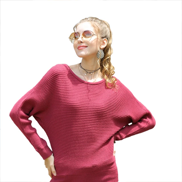 

Custom Spring Ladies Batwing Sleeve Jumper Female Crew Neck Knitwear Women Solid Knitting Sweater, Customized color
