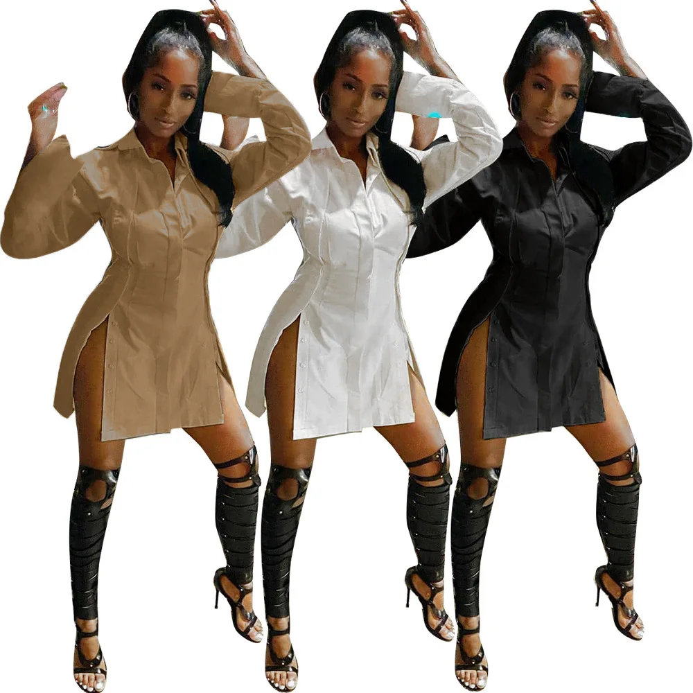 

Women White Patchwork Mini Dresses Irregular Split High Waist Casual Dresses Long Sleeve Streetwear