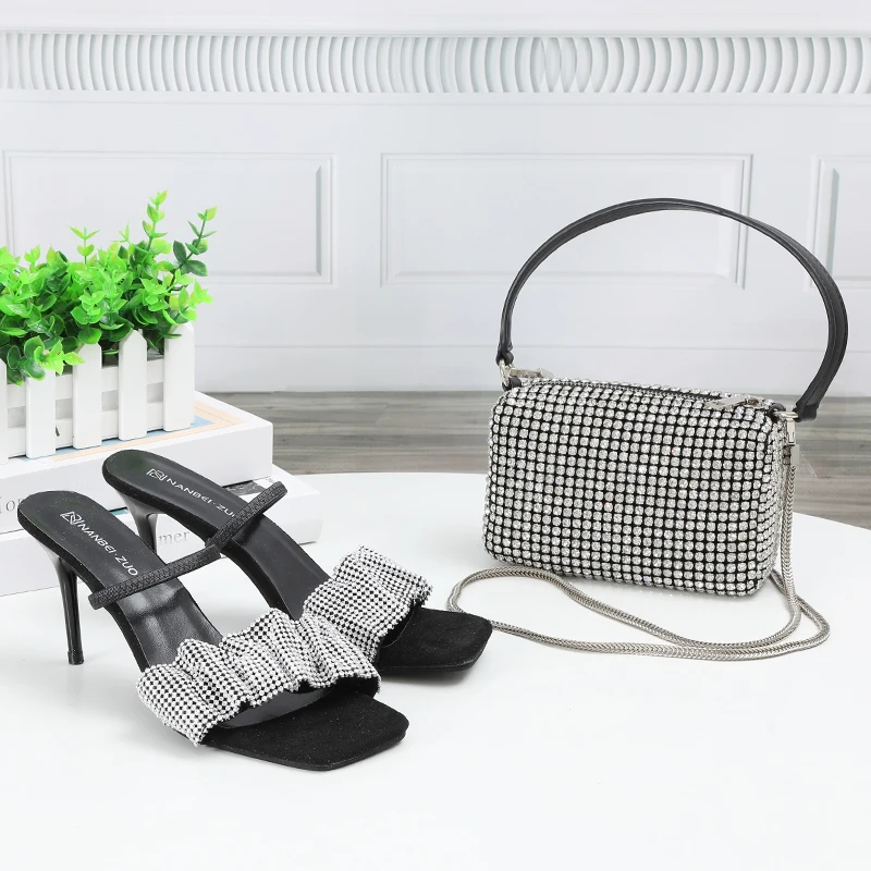 

2023 New Luxury Diamond Crystal Handbag and Sandals Matching Wallet Handbag Designer Dinner Small Handbag for Women