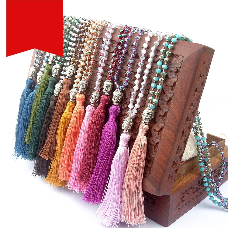 

Crystal knot Tassel Necklace hand woven long sweater chain Buddha head pendant women's Necklace, Pictured