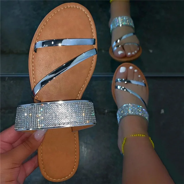 

Fashion Summer Golden Strap Flashing Diamond All-match Fashion Flat Sandals, Different colors and support to customized