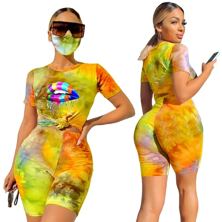

Tie Dye Outfits With Face Cover Basic Tshirt Shorts Two Piece Set Women Casual Outfits Jogging Femme Biker Shorts Tees