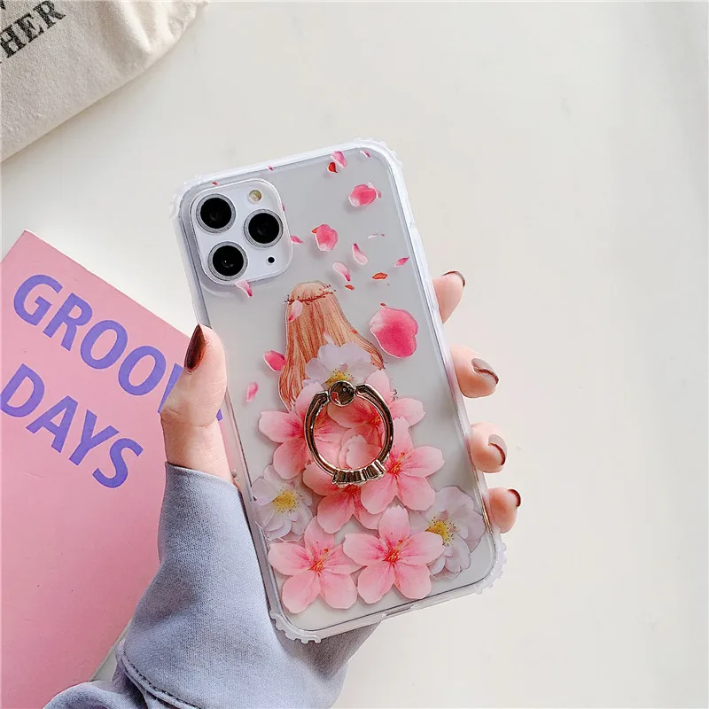 

New Available Ins Girl Flower IMD Shockproof Phone Case For iPhone 11 With Finger Ring