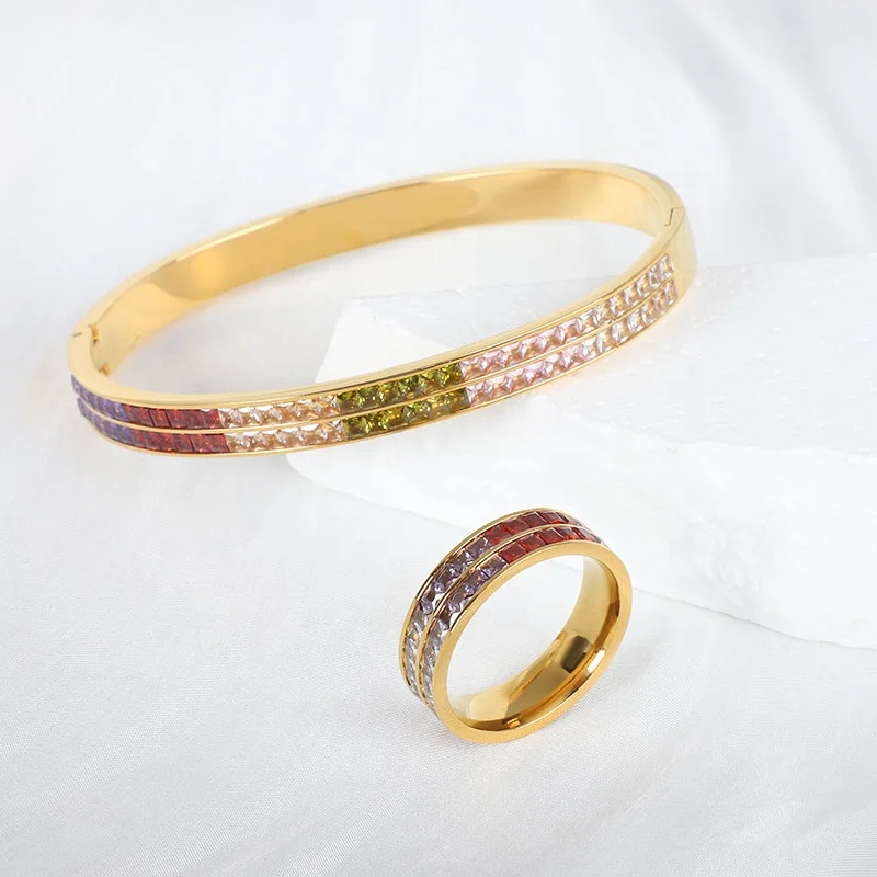 

18K Gold Plated Stainless Steel Fine Jewelry Rings Double Zircon Design Color Rule Zircon Ring