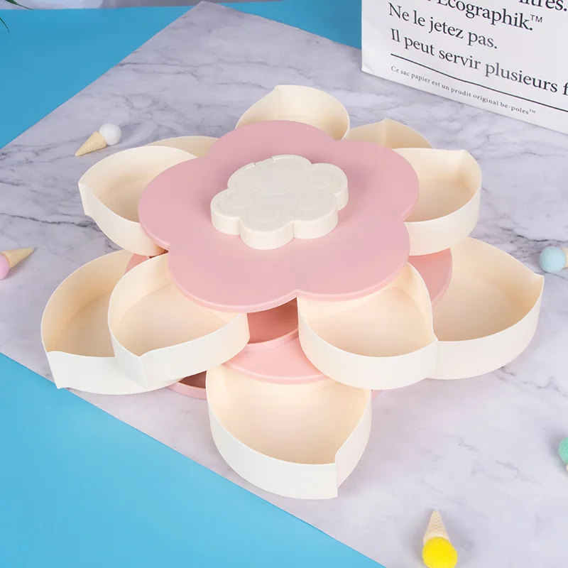 Flower Shape Nut Dried Fruit Plate Household Lattice Candy Box ABS Material Rotatable Design Double Layer Snack Storage Box