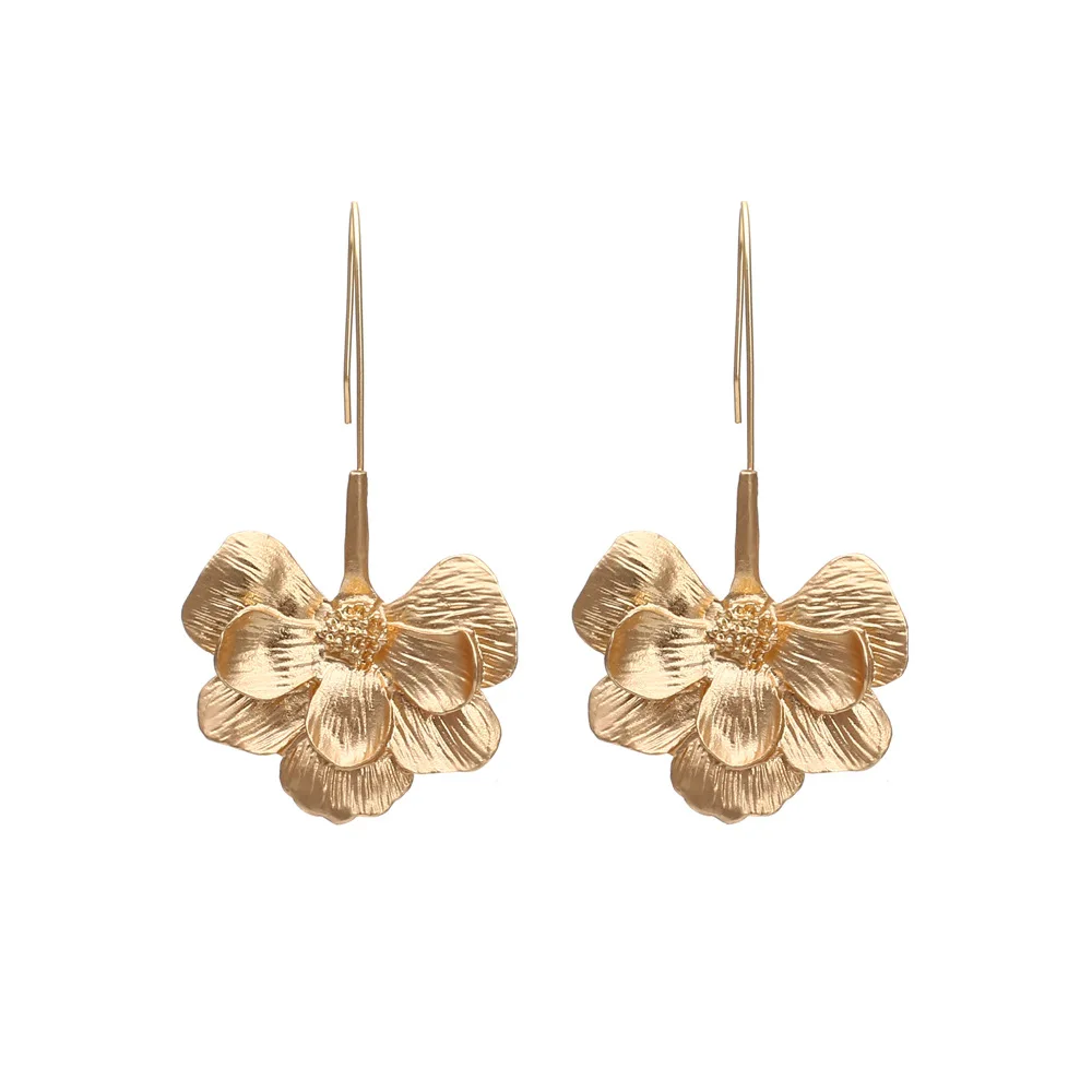 

JUHU New simple and long alloy flower earrings exaggerated wild metal alloy ear hooks wholesale for women, Gold