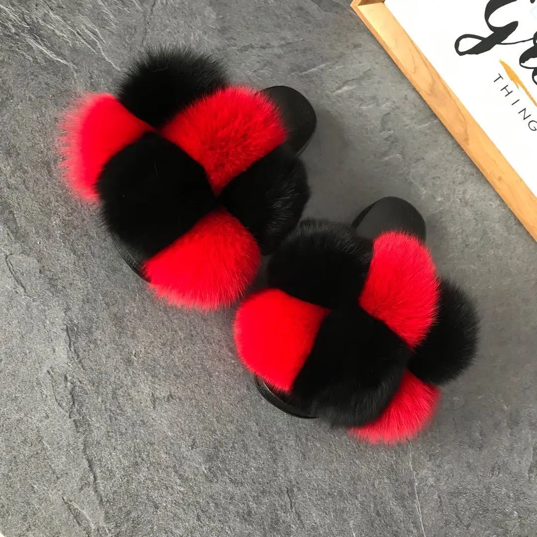 

2021 factory direct cheap high quality girls fashion mixed-color fox fur slides slippers for sale, Customized color