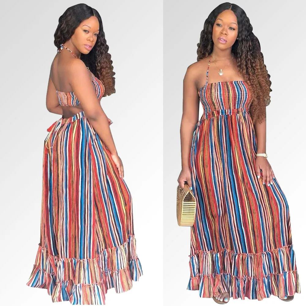

Mb784 Women Casual Halter Ruffle Stripes Maxi Dresses Long