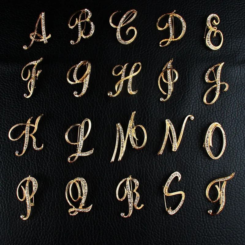 

Korean New Fashion luxury 26 Letters Charming Big Pendant Alloy Zircon Hip hop Initial Brooch for Women Jewelry Gift, Gold,silver