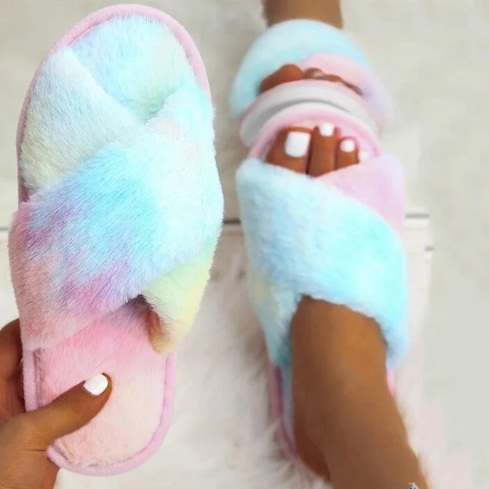 

sandals shoes women 2021 Fashion Rainbow cross cotton plush slippers Women Fluffy slippers Winter Warm fur slides for women, Dark color /pink +white/beige/ light color