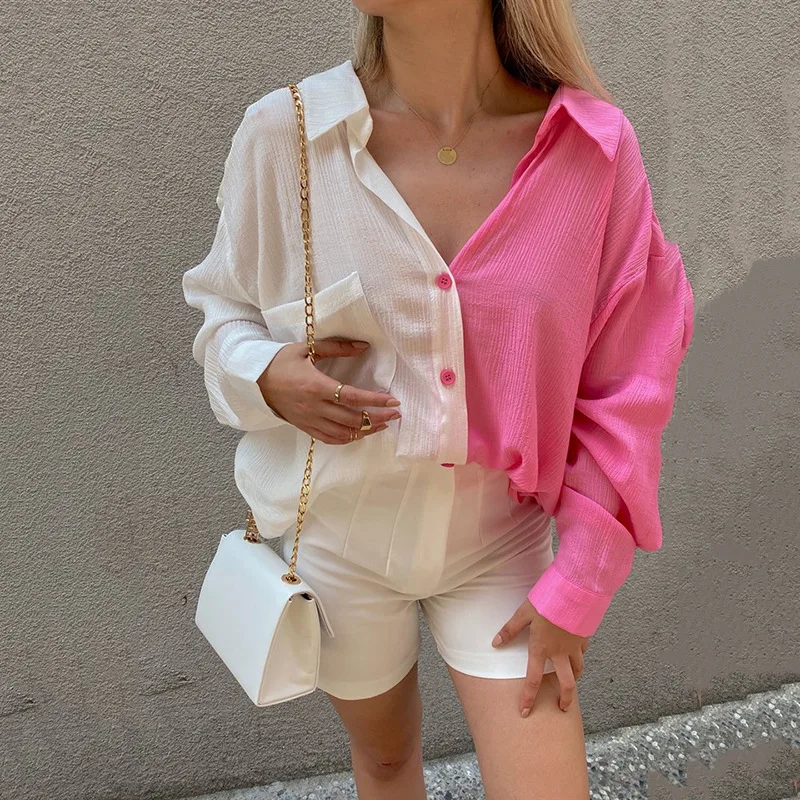 

INS autumn big size shirt women fashion net patchwork color tops single breasted Cardigan long sleeve blouse