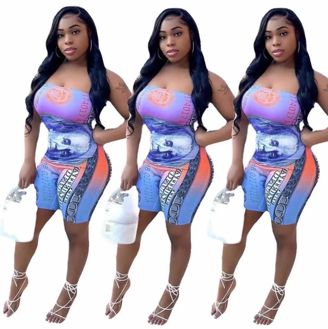 

2021 trendy money print romper shorts women one piece tube jumpsuits sexy summer wear, 1color as picture