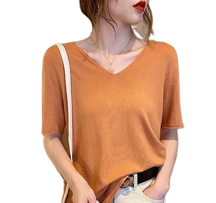 

2021 high quality ladies clothing solid color knit short sleeve loose V-neck knitwear fashion women's T-shirt
