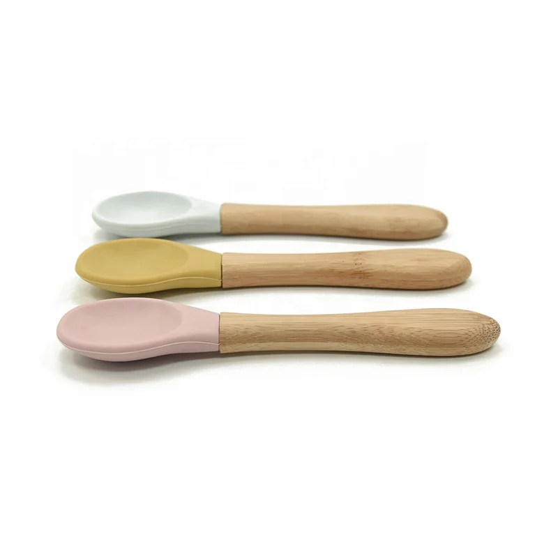 

Wholesale Bamboo or Beech Wood Handle Silicone Soft Infants Self- feeding Baby Spoon